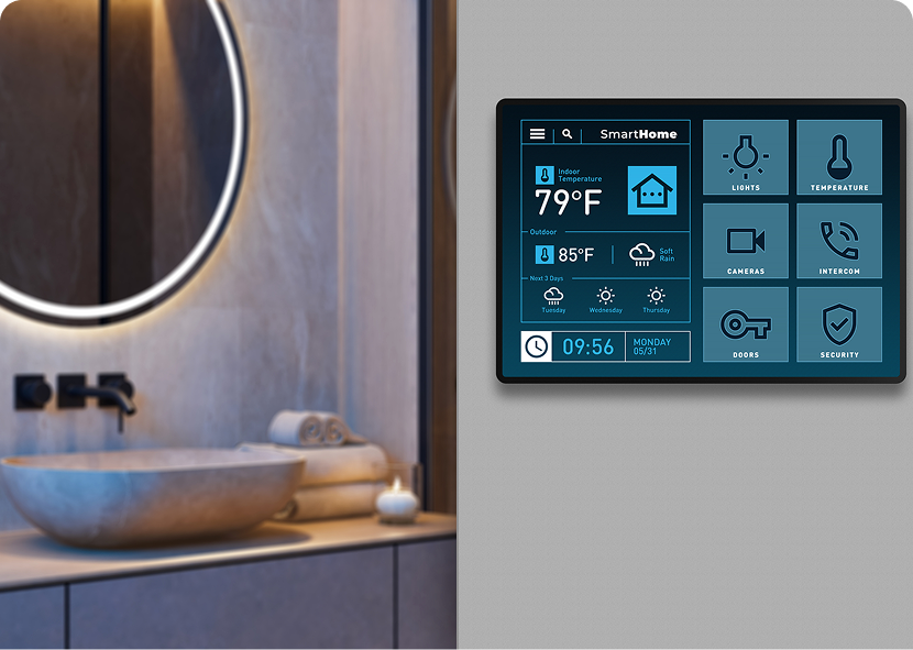 Modern bathroom with smart technology panel